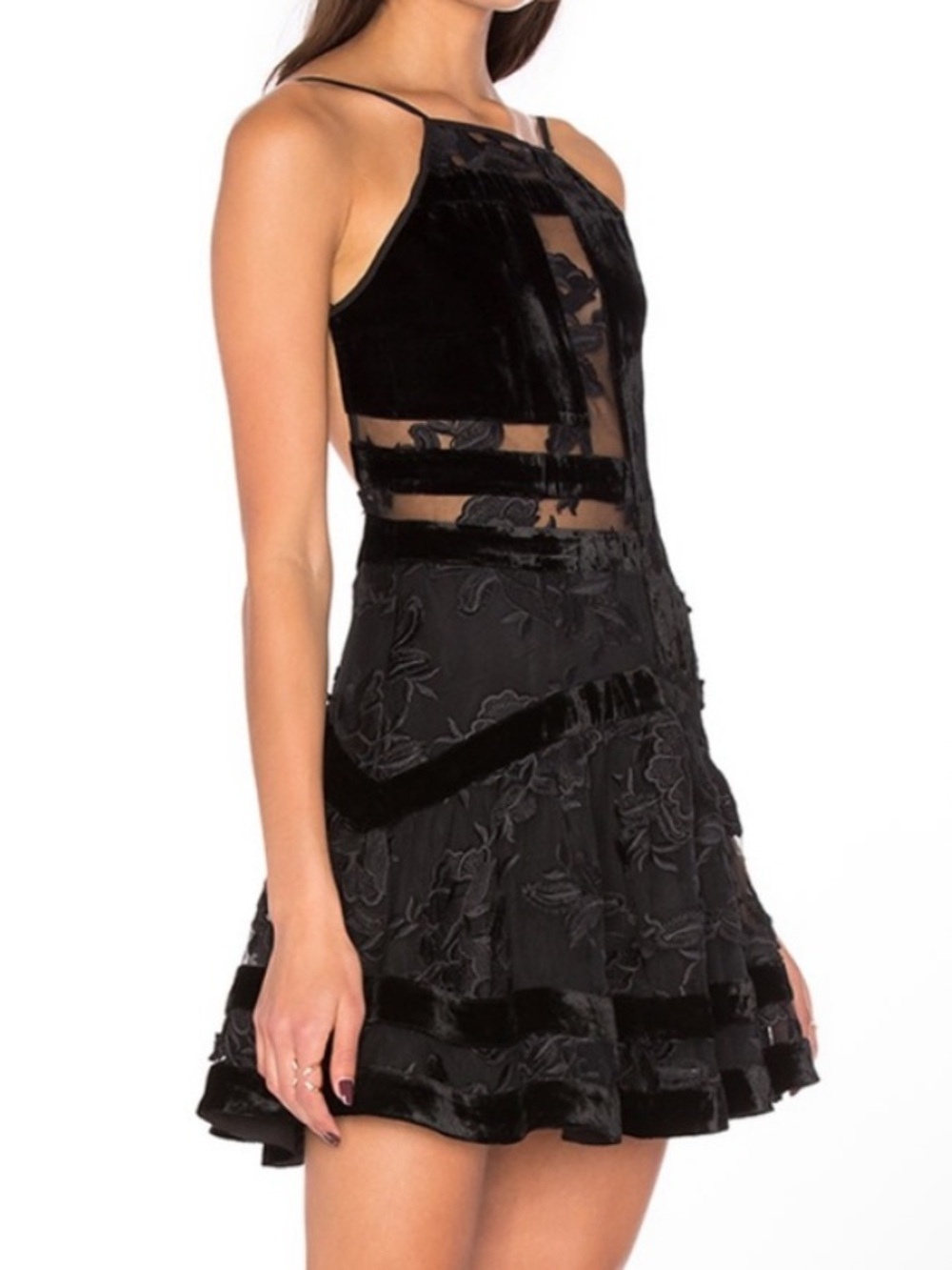 NBD revolve black lace velvet high neck mini dress skater size S